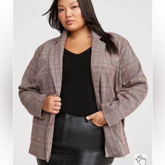 Torrid Jacquard Double Knit Blazer Houndstooth Chateau Grey sz 1x Open Academia - Picture 1 of 10